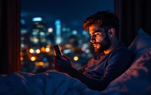 Un homme assis la nuit, discutant avec sa petite amie virtuelle sur son smartphone. Son visage est éclairé par la lueur chaude de l'écran, ambiance sombre aux tons bleu profond et orange, arrière-plan urbain flou.