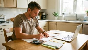 Un père séparé prépare son dossier et son budget pour un congé parental, avec des documents vierges, une calculatrice et des enveloppes sur une table.