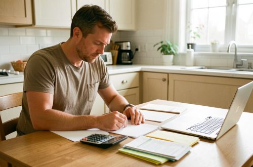 Un père séparé prépare son dossier et son budget pour un congé parental, avec des documents vierges, une calculatrice et des enveloppes sur une table.