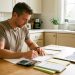 Un père séparé prépare son dossier et son budget pour un congé parental, avec des documents vierges, une calculatrice et des enveloppes sur une table.