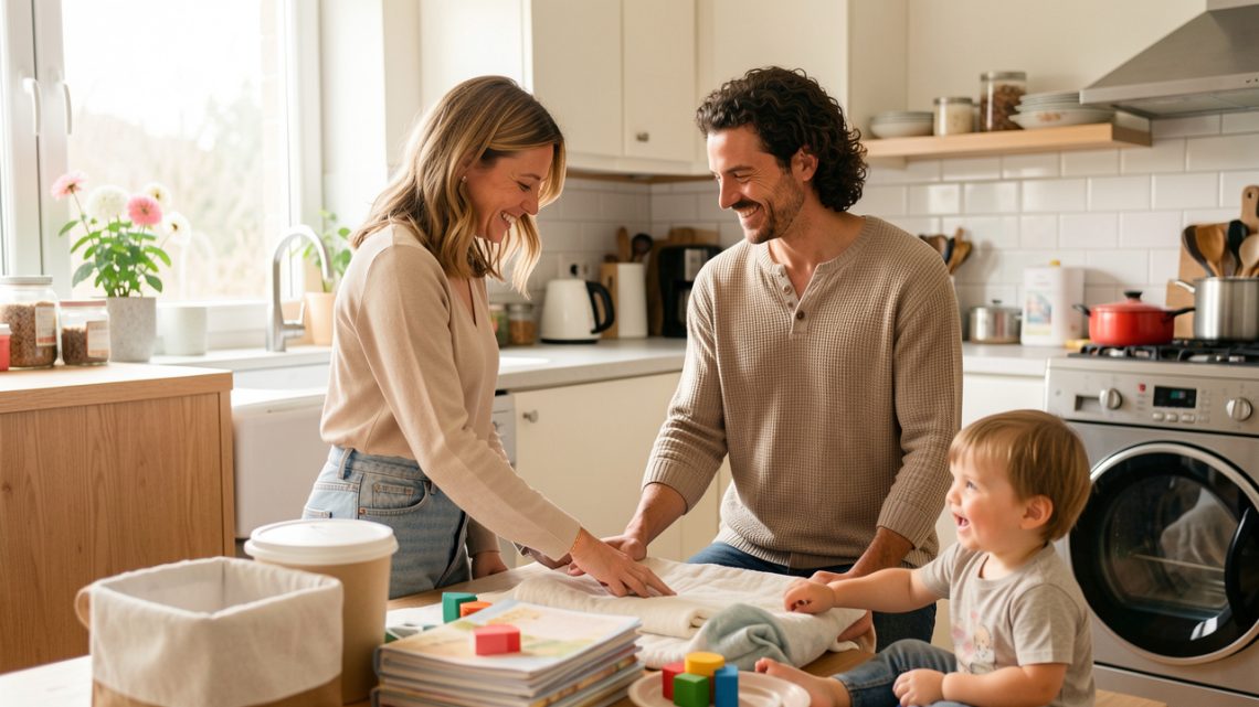 Un couple partage calmement les responsabilités parentales dans une cuisine lumineuse pendant que leur jeune enfant joue à proximité.
