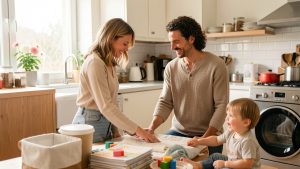 Un couple partage calmement les responsabilités parentales dans une cuisine lumineuse pendant que leur jeune enfant joue à proximité.