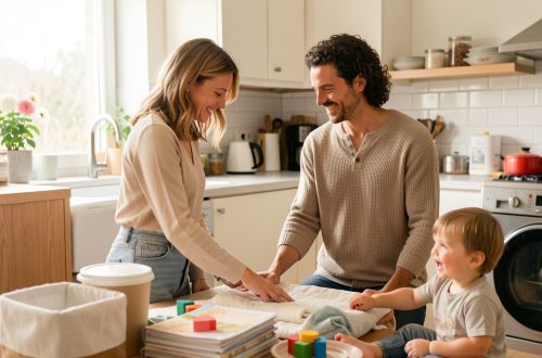 Un couple partage calmement les responsabilités parentales dans une cuisine lumineuse pendant que leur jeune enfant joue à proximité.