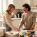 Un couple partage calmement les responsabilités parentales dans une cuisine lumineuse pendant que leur jeune enfant joue à proximité.