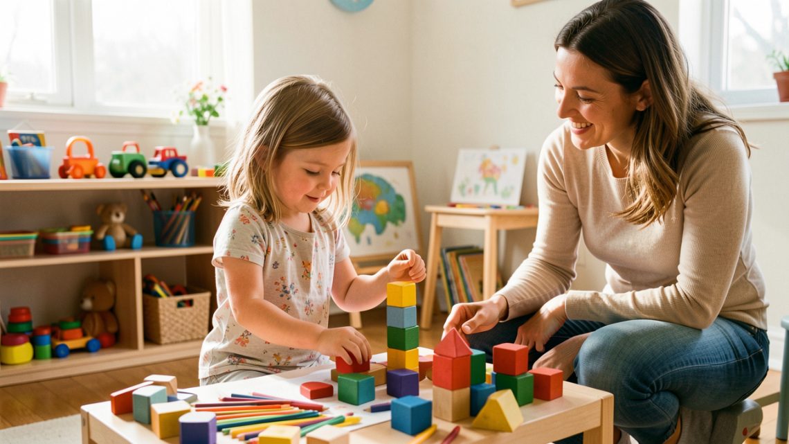 Une fille de 7 ans choisit librement du matériel créatif dans une salle de jeu lumineuse, avec le soutien bienveillant d’une femme adulte.
