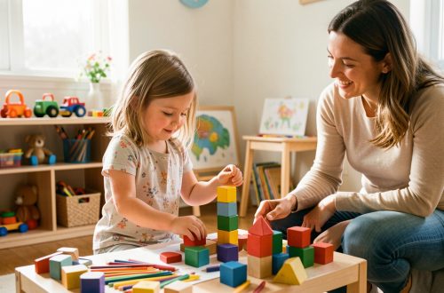 Une fille de 7 ans choisit librement du matériel créatif dans une salle de jeu lumineuse, avec le soutien bienveillant d’une femme adulte.