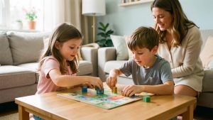 Deux enfants d’âges différents jouent ensemble à un jeu de société coopératif sur une table de salon, tandis qu’une mère les accompagne dans une ambiance douce et chaleureuse.