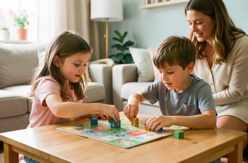Deux enfants d’âges différents jouent ensemble à un jeu de société coopératif sur une table de salon, tandis qu’une mère les accompagne dans une ambiance douce et chaleureuse.