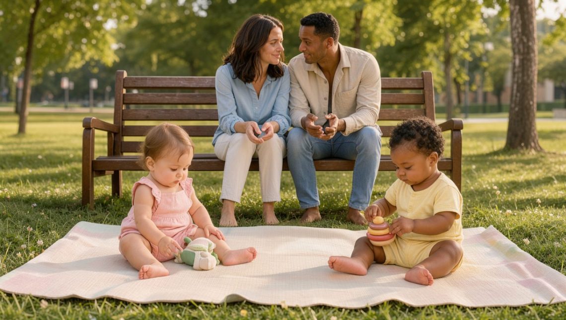Une mère et un père discutent calmement sur un banc dans un parc, tandis que deux bébés jouent chacun à leur rythme sur un tapis, dans une atmosphère douce et rassurante.