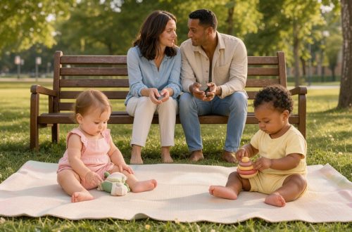 Une mère et un père discutent calmement sur un banc dans un parc, tandis que deux bébés jouent chacun à leur rythme sur un tapis, dans une atmosphère douce et rassurante.