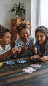 Une famille joue aux cartes autour d’une table avec un jeu de 7 familles.