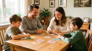 Une famille réunie autour d’une table lumineuse à Quéven, avec deux parents et deux enfants jouant à un jeu de cartes éducatif sur les usages équilibrés des écrans.