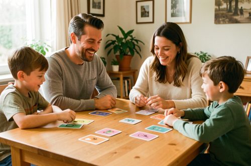 Une famille réunie autour d’une table lumineuse à Quéven, avec deux parents et deux enfants jouant à un jeu de cartes éducatif sur les usages équilibrés des écrans.