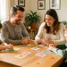 Une famille réunie autour d’une table lumineuse à Quéven, avec deux parents et deux enfants jouant à un jeu de cartes éducatif sur les usages équilibrés des écrans.